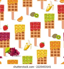Golden brown homemade corn dog or hot dog waffle desserts seamless pattern. Summer time. Banana, orange, strawberry, grape, kiwi flavors. Isolated on white background. Print, textile, fabric, wrapping