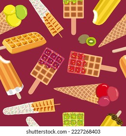 Golden brown homemade corn dog or hot dog waffle desserts seamless pattern. Ice cream desserts. Frozen and cold. Summer time. Banana, kiwi, lime, pomegranate flavors.  Isolated on dark red background.