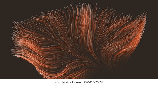 Golden Brown Lit Moving, Flowing Stream of Particles in Curving, Wavy Lines - Digitally Generated Futuristic Abstract 3D Geometric Striped Background Design, Generative Art in Editable Vector Format