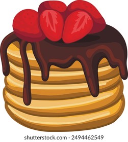 golden brown pancakes stack topped with rich, melted chocolate and fresh strawberries, Hand drawing vector icon, isolated on white background