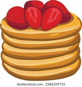 Golden brown pancakes stack topped with fresh raspberry.