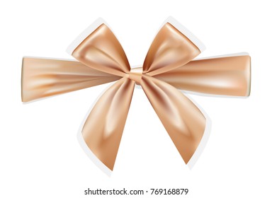 Golden brown realistic bows for gift box on white background. Silk ribbon, 3d gift bow tie for Christmas, New Year, holidays. Vector.
