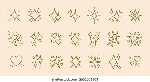 Golden brown sparkle doodle set hand drawn elements stars hearts bursts line icons on beige background for kids planner stickers cute digital decoration scrapbooking illustrations children design