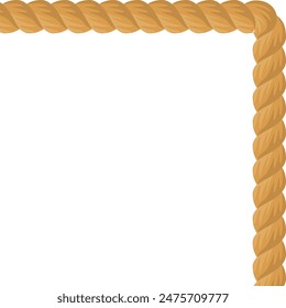 Golden brown twisted rope corner isolated white background. Strong fiber hemp cable border design element. Twine strength durable natural texture graphics