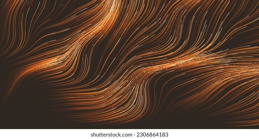 Golden and Brown Wavy Striped Abstract Background - Dark Colorful Moving, Flowing Stream in Curving Lines - Modern Style Digitally Generated Dark Futuristic Abstract Geometric Design Tempate