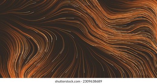 Golden and Brown Wavy Striped Abstract Background - Dark Colorful Moving, Flowing Stream in Curving Lines - Modern Style Digitally Generated Dark Futuristic Abstract Geometric Design Tempate