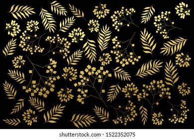 Golden brunches and spring flowers clip art set, basis individual elemens kit on black background