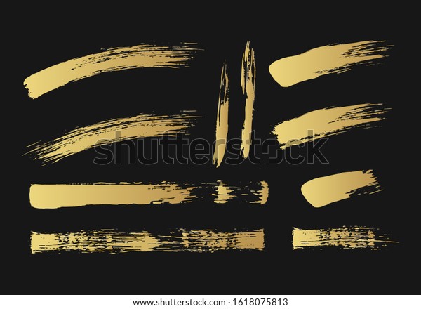 Golden brush mascara strokes. Distressed smear\
scratches. Vector isolated paintbrush set. Chinese rough dirty\
borders. Gold stencil\
lines.