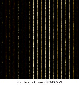 Golden brush stripes vector seamless pattern. Thin gold uneven bars on black backdrop. Striped background. Golden pinstripes abstract texture.