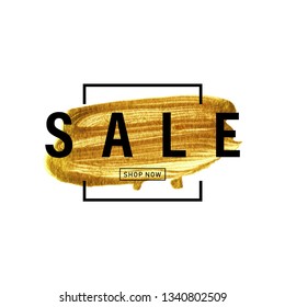 Golden brush stroke hand painted with black border frame and text Sale isolated on white background. Gold texture brush stroke vector.
