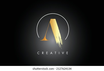 Golden A Brush Stroke Letter Logo Design. Black Paint Logo Leters Icon with Elegant Circle Vector Design.