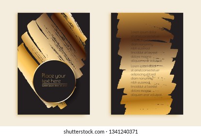 Golden brush stroke on black background.Grunge flyer or brochure template.