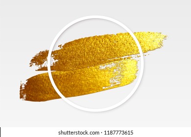 Golden brush stroke with white round frame isolated on gray background. Vector design element.