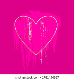 Golden brush strokes in golden heart and pink spot on a pink background. Vector design template for banner, card, cover, web, flyer, poster. 