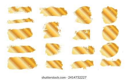 Golden Brush strokes text boxes. Vector paintbrush set. Grunge design elements. Dirty texture banners. Ink splatters. Painted objects.