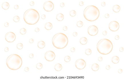 Golden Bubbles Of Champagne, Prosecco, Seltzer, Soda, Sparkling Wine. Carbonated Drink Texture. Fizzing Water Background. Vector Realistic Illustration.