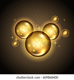 golden bubbles with magical luster, transparent background 3d illustration