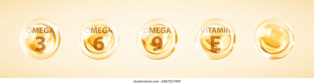 Burbujas de oro de ácidos Omega. Omega 3, Omega 6, Omega 9. Aceite de pescado natural, vitaminas orgánicas, nutrientes. Gotas de vitaminas, comprimidos o cápsulas. Ilustración vectorial