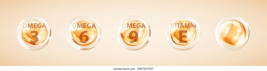 Golden bubbles of Omega acids. Omega-3, Omega-6, Omega-9. Natural fish oil, organic vitamin, nutrients. Vitamin drop, tablets or capsules. Vector illustration