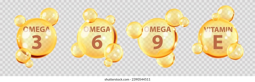 Golden bubbles of Omega acids. Polyunsaturated fats Omega-3, Omega-6, Omega-9. Natural fish oil, organic vitamin, nutrients. Vitamin drop, tablets or capsules. Vector illustration