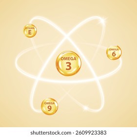 Golden bubbles of Omega acids. Polyunsaturated fats Omega-3, Omega-6, Omega-9. Natural fish oil, organic vitamin, nutrients. Vitamin drop, tablets or capsules. Vector illustration