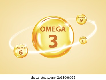 Golden bubbles of Omega acids. Polyunsaturated fats Omega-3, Omega-6, Omega-9. Natural fish oil, organic vitamin, nutrients. Vitamin drop, tablets or capsules. Vector illustration