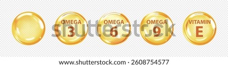 Golden bubbles of Omega acids. Polyunsaturated fats Omega-3, Omega-6, Omega-9. Natural fish oil, organic vitamin, nutrients. Vitamin drop, tablets or capsules. Vector illustration