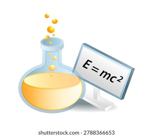 Golden bubbles rise in a lab flask. Einstein's equation stands beside it. Scientific discovery feels alive and vibrant. Perfect for education or science-themed projects