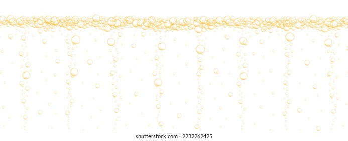 Goldene Bläschen bräunen Hintergrund. Kohlensäurehaltige Wasseroberfläche. Sparkling fizzy Drink, Bier, Limonade, Prosecco, Seltzer, Champagner-Textur. Vektorrealistische Illustration.