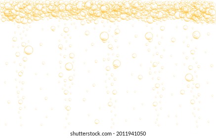 Golden bubbles stream background. Sparkling fizzy drink, carbonated water, beer, soda, lemonade, champagne texture. Vector realistic illustration.