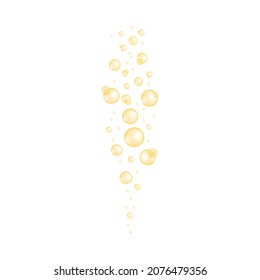 Golden bubbles stream. Fizzy carbonated drink, soda, champagne, seltzer texture. Glossy balls of collagen, serum, jojoba cosmetic oil, vitamin A or E, omega fatty acids. Vector realistic illustration