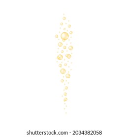 Golden bubbles streaming. Champagne, soda, beer, carbonated water, sparkling wine texture. Molecule of collagen, keratin, jojoba oil, vitamin A or E, omega fatty acids. Vector realistic illustration.