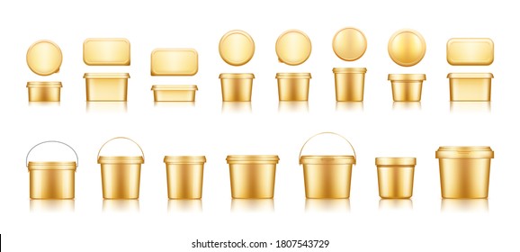 Golden bucket mockups for ice cream, yogurt, cheese, mayonnaise, butter or paint. Blank plastic food package container. Product template for branding or presentation. 3d realistic vector illustration