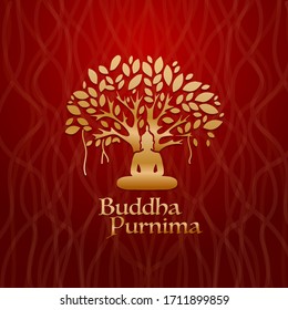 Golden Buddha and banyan tree in red background vector illustration.