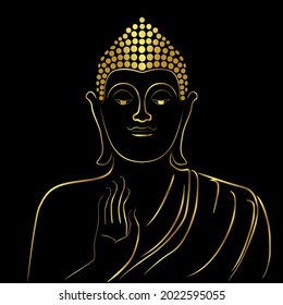 Boceto dorado buddha bendice con elemento de borde dorado aislado en negro