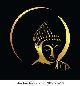 Golden buddha head with golden border element isolate on black background (Vector flat concept)