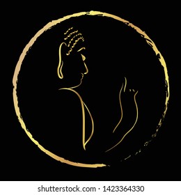 Golden buddha head with golden border element isolate on black background (Vector flat concept)