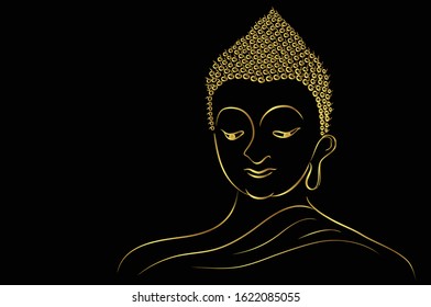 Golden buddha head with golden border element isolate on black background (Vector flat concept)