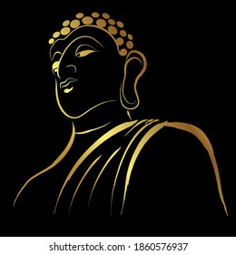 Golden buddha head with golden border paint brush isolate on black
