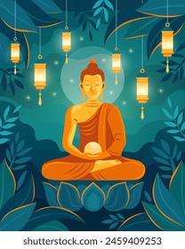 Golden buddha in meditation pose sitting in lotus. Lanterns and candles. Dark background, tropical forest. Happy Vesak Day Budha Purnima. Vesak concept for card or banner. 