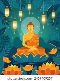 Golden buddha in meditation pose sitting in lotus. Lotuses in the water, lanterns, lamps, candles. Dark background, tropical forest. Happy Vesak Day Budha Purnima. Vesak concept for card or banner. 