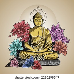 Golden Buddha Purnima Sit on Flower Vector Illustration