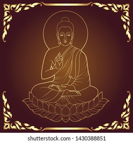 Golden Buddha Siddhartha gautama sit on lotus line art style with traditional frame