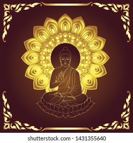 Golden Buddha Siddhartha gautama sit on lotus line art style with traditional frame