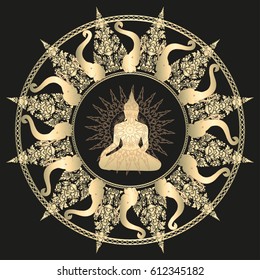 Golden Buddha Silhouette with Mandala . Traditional ornament with head of elephant with buddha sitting in the middle. Black background.