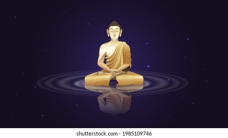 Golden Buddha sitting in lotus position in space