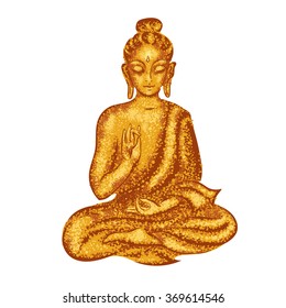 Golden Buddha sitting in the lotus position. Vector illustration done in the style of Pointillism