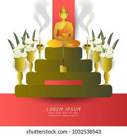 golden Buddha sitting on set of altar table,Buddhist holiday,vector illustration for invitation or greeting card,gradient style