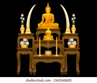 Golden Buddha statue  and altar table graphic vector