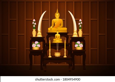 Golden Buddha statue and altar table on Thai traditional wooden house wall background. Graphic Vector